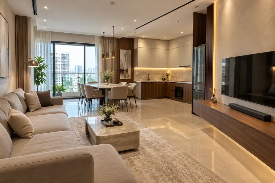 Thi công nội thất căn hộ theo phương án đã thống nhất, kết hợp bố trí không gian và các hạng mục nội thất phù hợp hiện trạng.