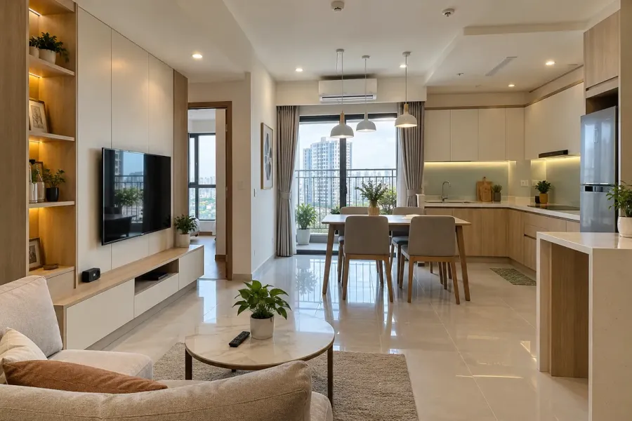 Căn hộ được hoàn thiện đồng bộ nhiều hạng mục từ phòng khách đến bếp và khu vực ăn uống.