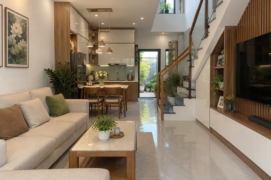 Nhà phố 2 tầng được thi công nội thất đồng bộ, bố trí công năng theo từng tầng và kết nối các khu vực sinh hoạt.