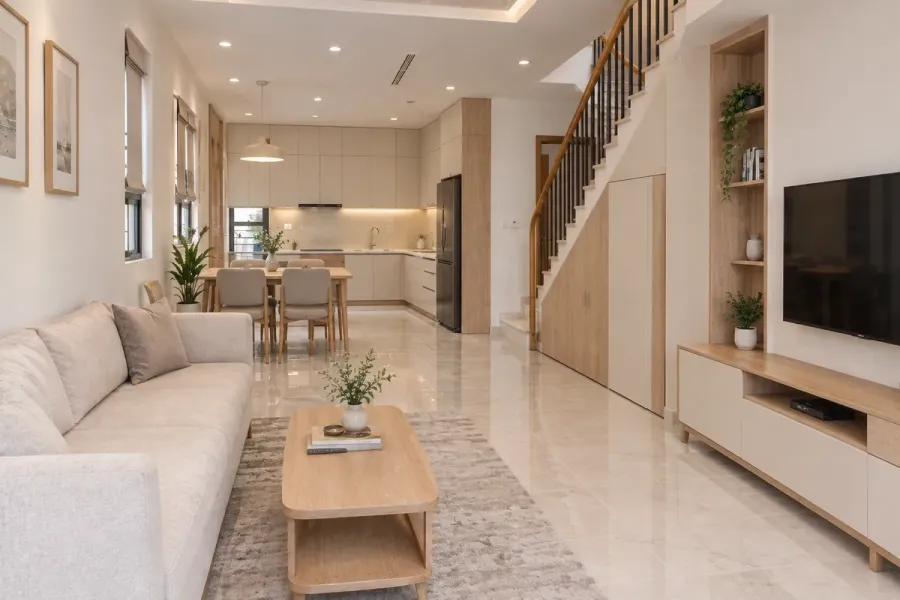 Nội thất nhà phố 3 tầng cần được tổ chức theo công năng của từng tầng nhưng vẫn giữ sự liên kết trong toàn bộ ngôi nhà.