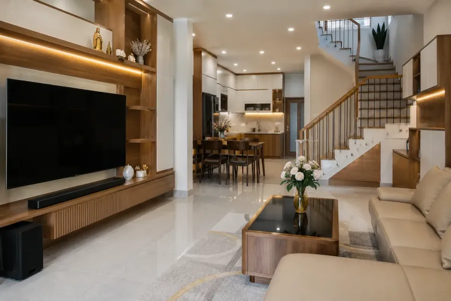 Nội thất nhà phố được hoàn thiện đồng bộ từ phòng khách, bếp đến phòng ngủ và các hệ tủ lưu trữ.