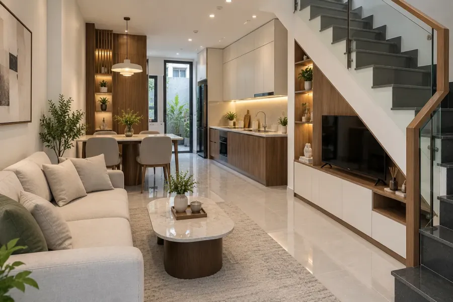 Không gian nhà phố nhỏ được bố trí nội thất vừa kích thước, giữ lối đi thông thoáng giữa phòng khách và khu vực bếp.
