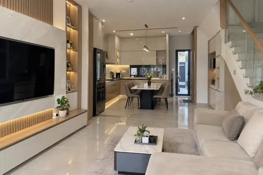 Nội thất nhà phố được hoàn thiện dựa trên bản vẽ đã kiểm tra và triển khai thực tế tại công trình.