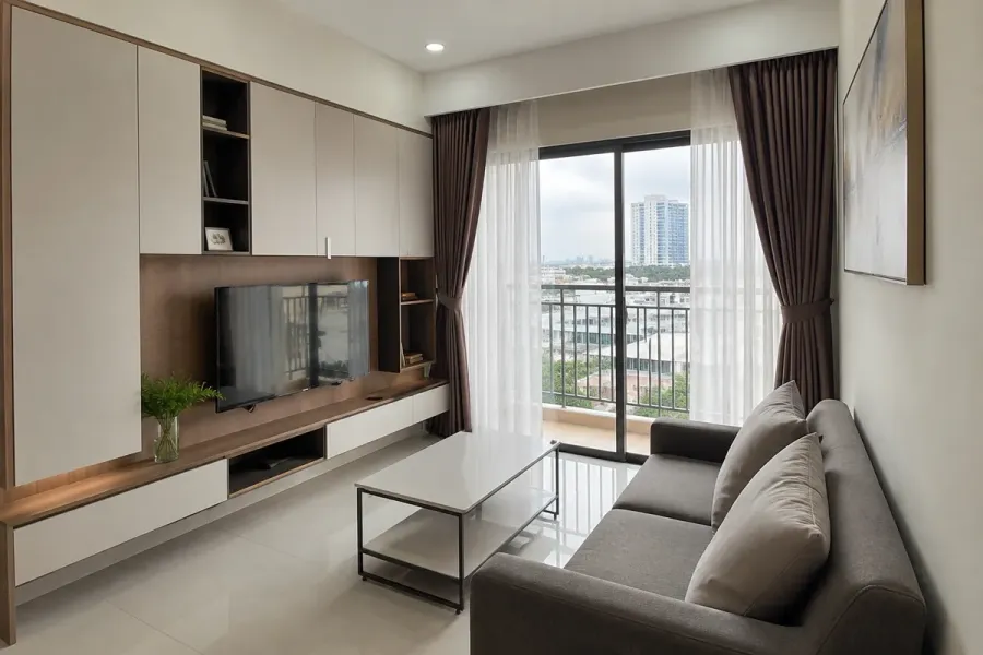 Phòng khách được bố trí gọn gàng, đảm bảo công năng và khoảng lưu thông trong căn hộ.