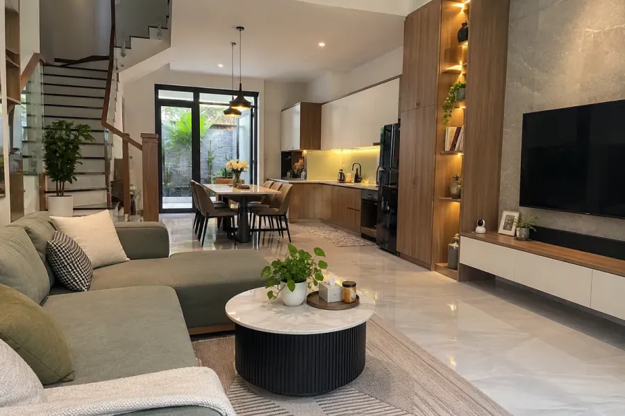 Phòng khách, bếp và bàn ăn được bố trí liên kết trên cùng mặt bằng, đảm bảo lối đi thuận tiện.