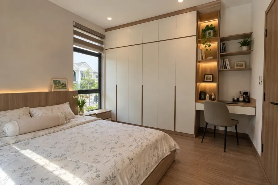 Nội thất tầng 2 được bố trí theo diện tích phòng, kết hợp giường, tủ quần áo và khu vực làm việc.