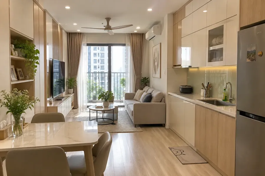 Phương án thi công được điều chỉnh theo diện tích và mặt bằng thực tế của từng căn hộ.