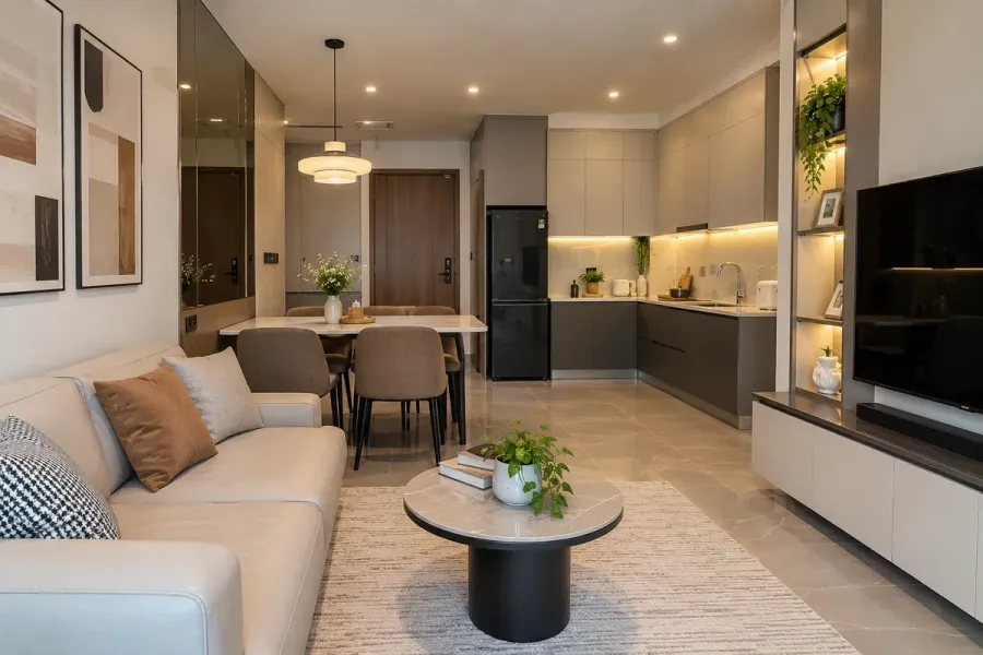 Nội thất được triển khai theo phạm vi đầu tư thực tế, cân đối giữa công năng và nhu cầu sử dụng.