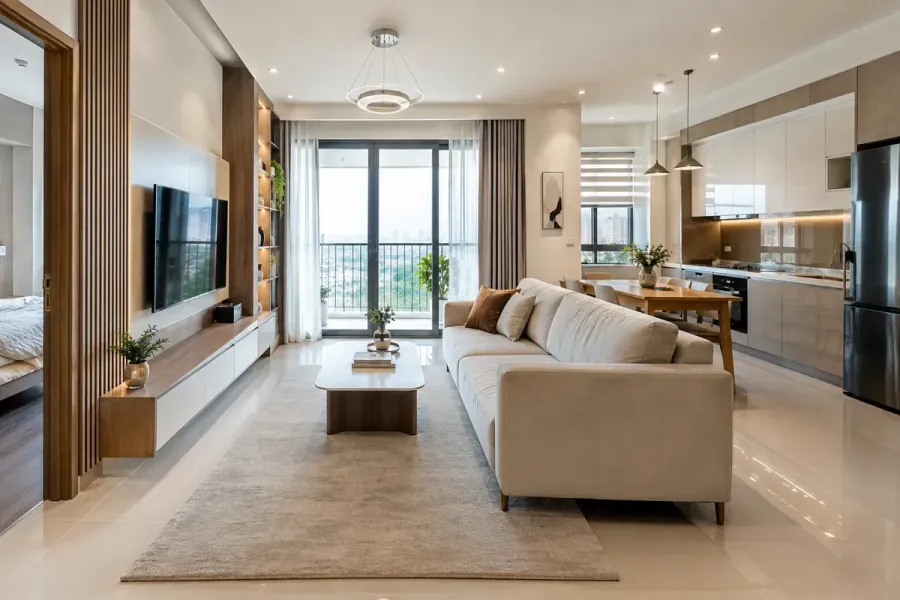 Phòng khách căn hộ 2PN nên được bố trí gọn, đảm bảo lối đi và kết nối với khu vực bếp.