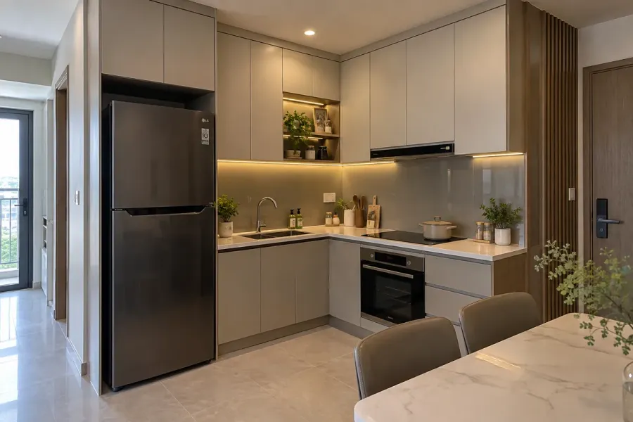 Hệ tủ bếp được gia công theo mặt bằng thực tế, kết hợp thiết bị và khoang lưu trữ trong diện tích hạn chế.