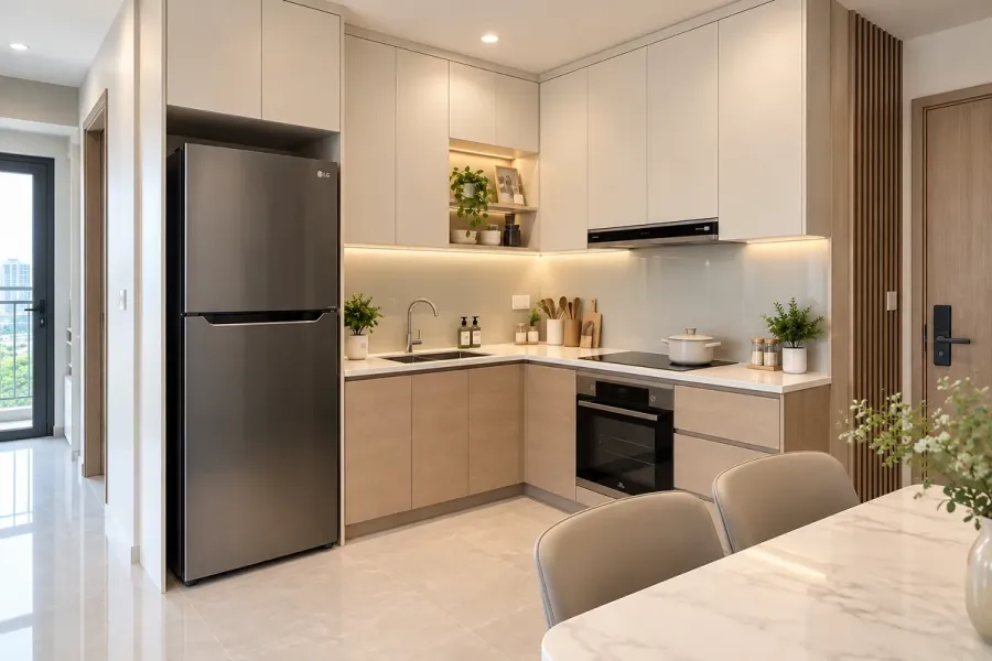 Hệ tủ bếp được gia công theo mặt bằng thực tế, kết hợp thiết bị và khoang lưu trữ trong diện tích hạn chế.