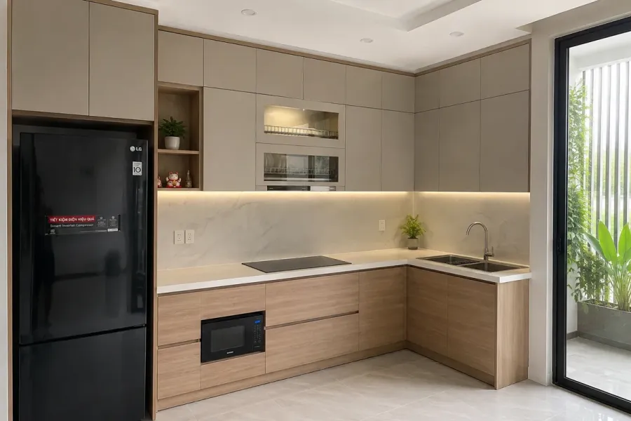 Tủ bếp được khảo sát, sản xuất và lắp đặt theo kích thước thực tế của từng công trình.