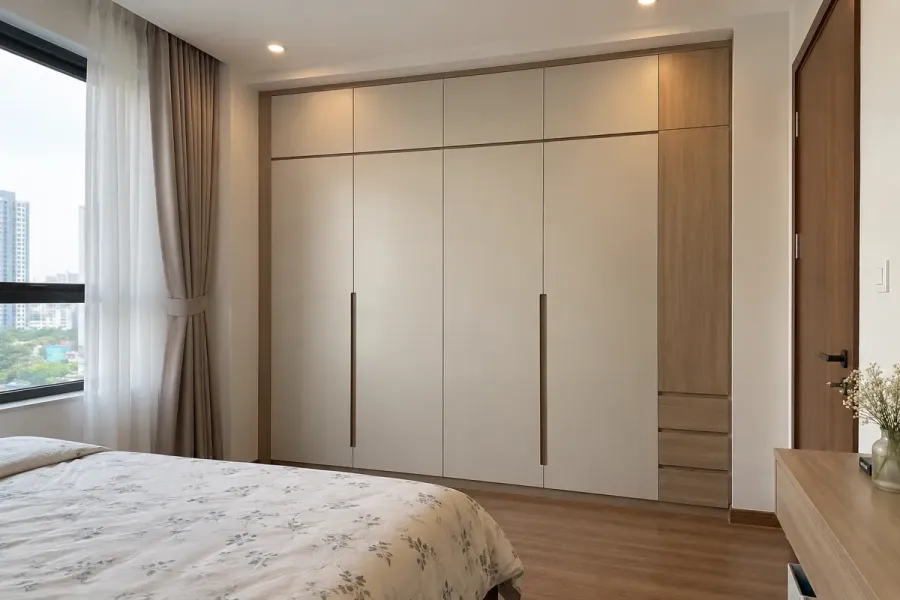 Tủ quần áo âm tường hoàn thiện gọn trong hốc có sẵn của phòng ngủ.