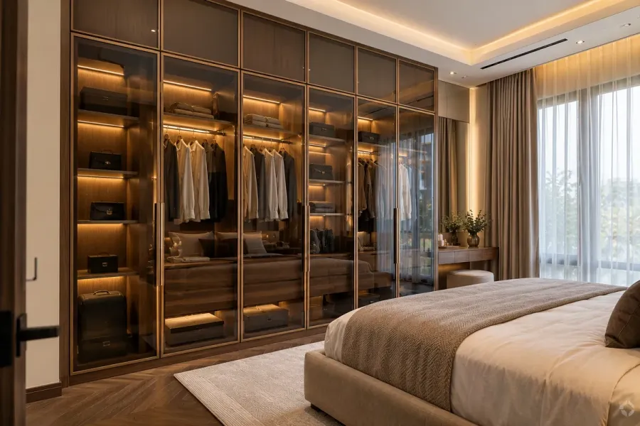 Tủ quần áo cánh kính khói kết hợp khung nhôm và hệ thùng tủ vân gỗ, tạo điểm nhấn sang trọng cho phòng ngủ.
