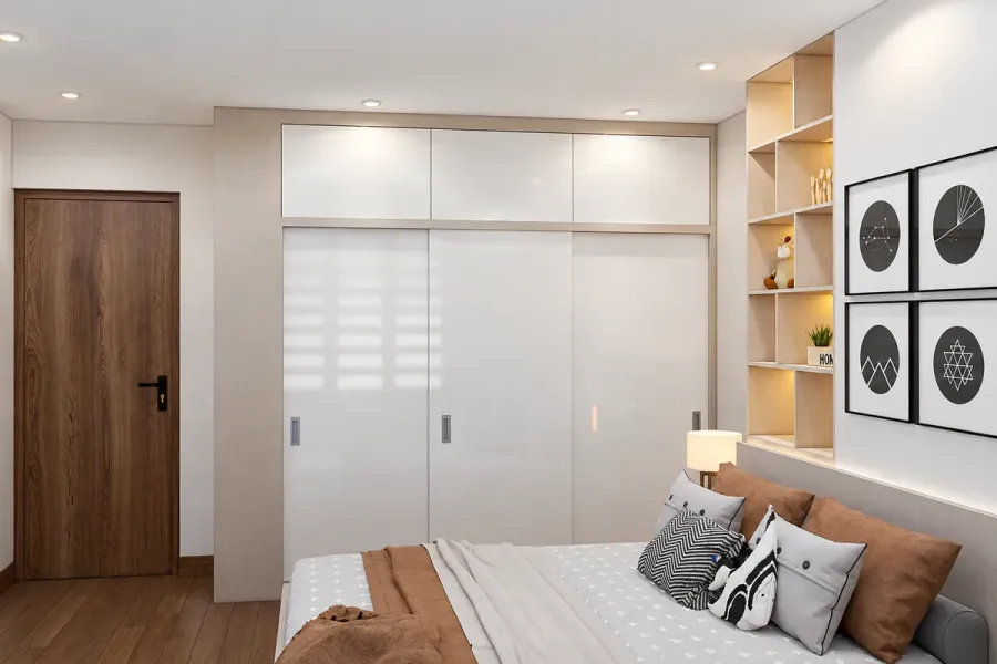 Tủ quần áo cửa lùa với cánh trượt ngang, phù hợp phòng ngủ cần tiết kiệm khoảng mở cánh phía trước.