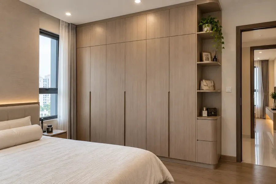 Tủ quần áo kịch trần được thi công sát trần, tận dụng chiều cao phòng và tăng không gian lưu trữ.