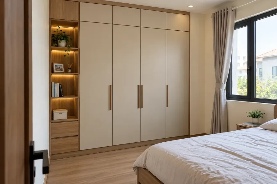 Hệ tủ quần áo được hoàn thiện theo kích thước, kiểu dáng và nhu cầu lưu trữ của gia đình.