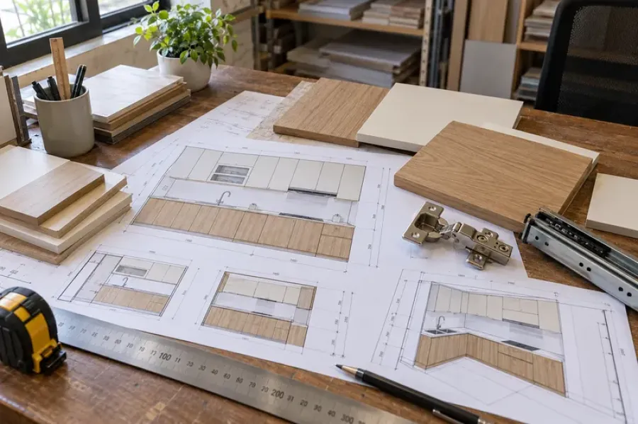 Bản vẽ kỹ thuật tủ bếp cùng mẫu vật liệu Melamine và phụ kiện