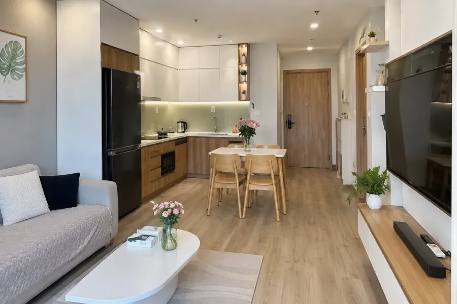Nội thất được bố trí vừa kích thước giúp căn hộ nhỏ vẫn đảm bảo công năng và lối đi.