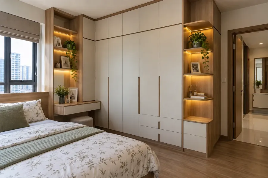 Hệ tủ cao sát trần và các khoang lưu trữ được thiết kế theo hiện trạng để tận dụng chiều cao và diện tích tường.