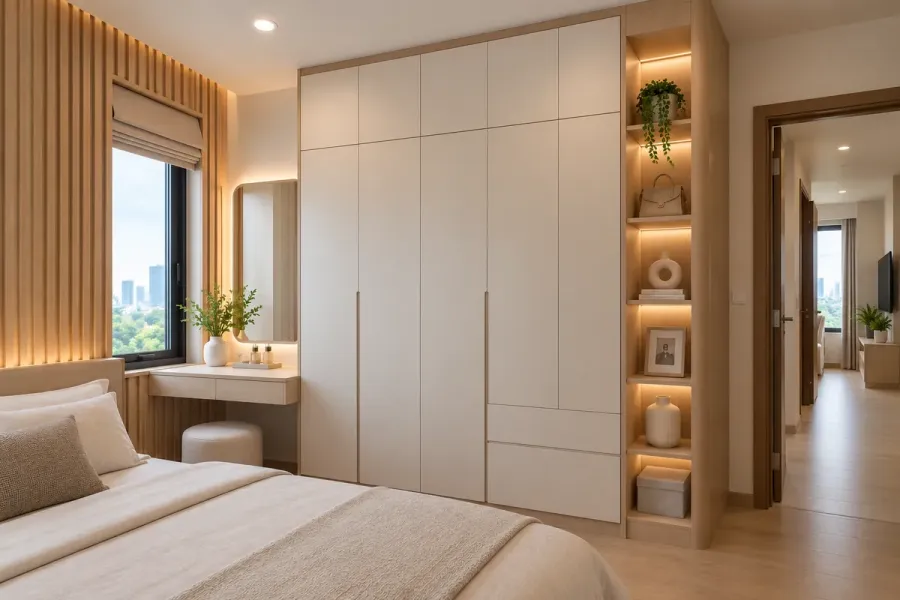 Hệ tủ cao sát trần và các khoang lưu trữ được thiết kế theo hiện trạng để tận dụng chiều cao và diện tích tường.