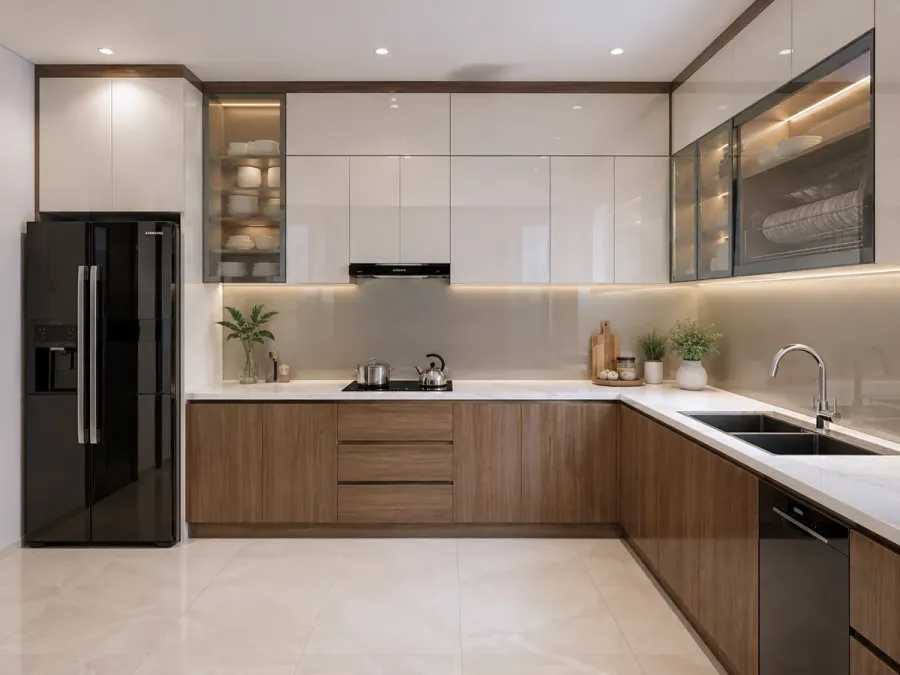Tủ bếp Acrylic An Cường hiện đại với bề mặt bóng gương, thiết kế theo yêu cầu