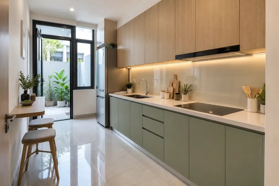 Hệ tủ bếp được bố trí theo chiều dài tường, giữ đủ không gian thao tác và lối di chuyển trong nhà phố nhỏ.