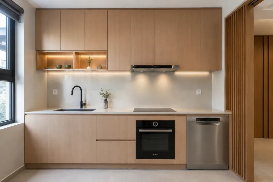 Kích thước khoang tủ được tính toán theo thông số thực tế của thiết bị bếp.