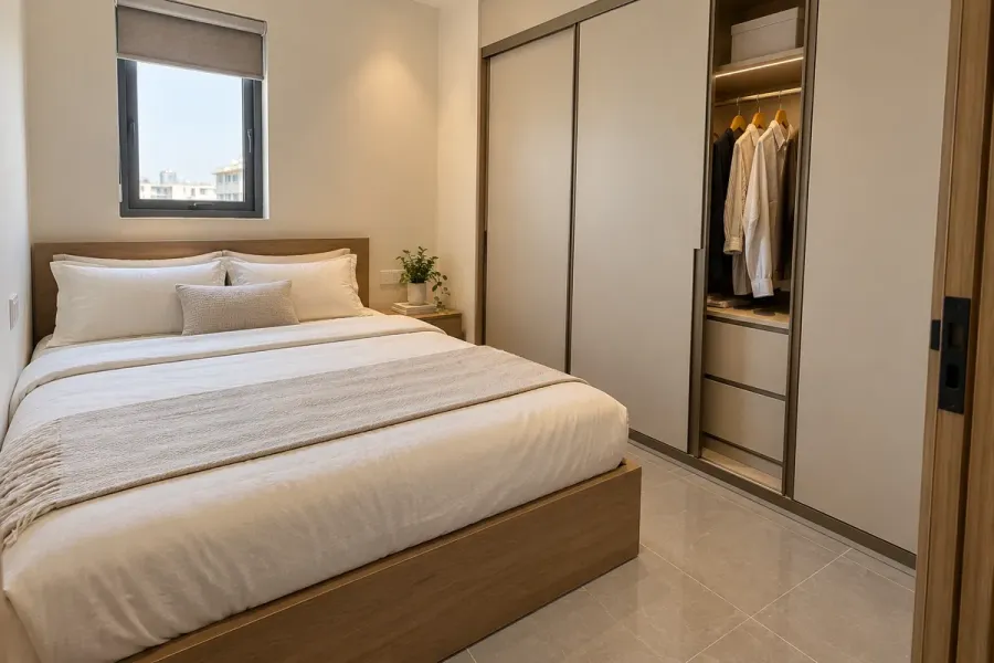 Hệ cánh trượt là một lựa chọn khi giường đặt gần tủ, nhưng vẫn cần chừa không gian đứng lấy đồ.