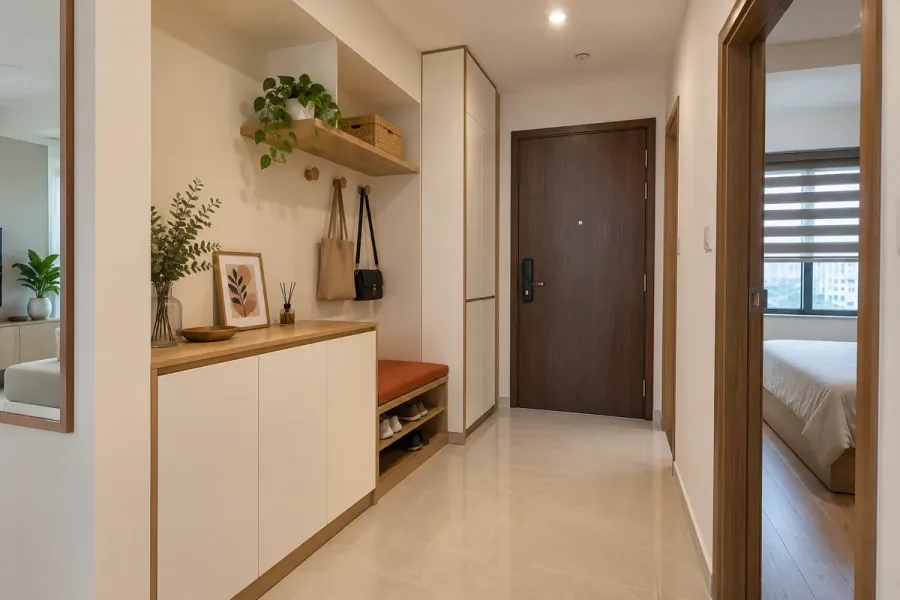 Hệ tủ lưu trữ được chia khoang theo vật dụng thực tế, tận dụng diện tích mà vẫn bảo đảm lối đi.