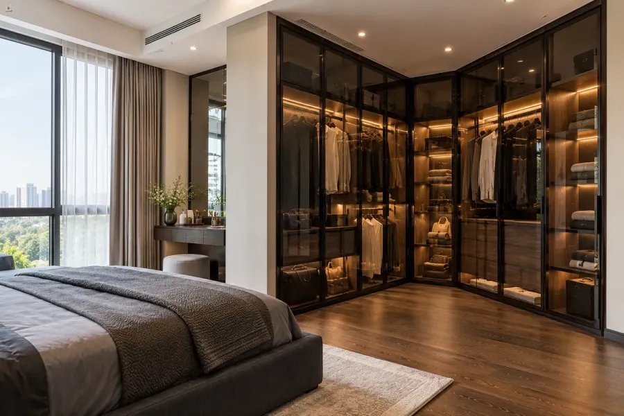 Tủ kính khói khung nhôm tối màu kết hợp nội thất gỗ, phù hợp phòng ngủ hiện đại có thiết kế đồng bộ.