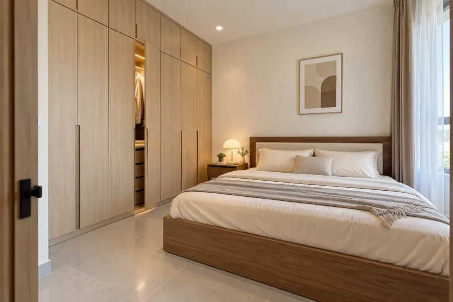 Tủ được bố trí dọc mảng tường bên cạnh giường, giữ khoảng di chuyển và mở cánh phù hợp với sinh hoạt.
