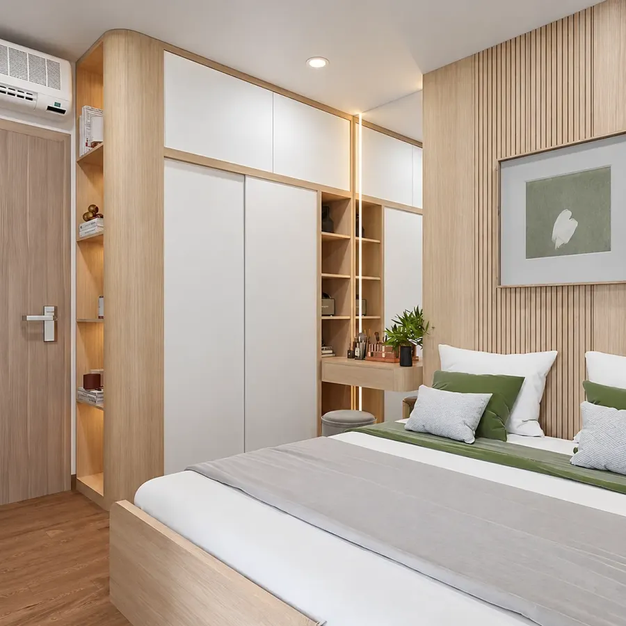 Cửa lùa giúp hạn chế khoảng mở cánh ra phía trước khi tủ đặt gần giường hoặc lối đi.