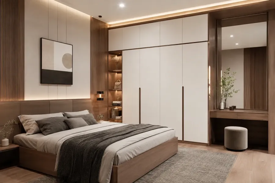 Mẫu tủ quần áo Melamine An Cường kết hợp màu sắc hài hòa, phù hợp không gian phòng ngủ hiện đại.