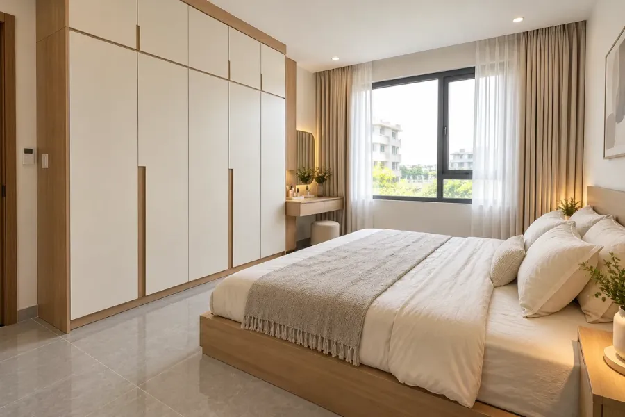 Phối màu tủ cùng giường và sàn giúp hạng mục lưu trữ lớn hòa vào tổng thể phòng ngủ mà không lấn át không gian.