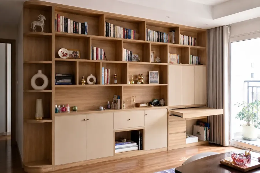 Tủ sách được thiết kế theo kích thước và không gian thực tế