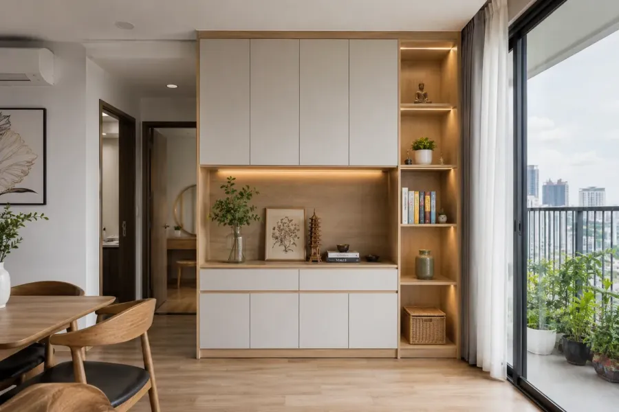 Tủ trang trí hoàn thiện và lắp đặt tại công trình