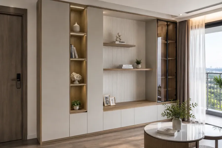 Tủ trang trí kết hợp kệ giúp tăng lưu trữ và tạo điểm nhấn