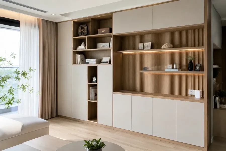 Tủ trang trí phòng khách sản xuất theo kích thước thực tế