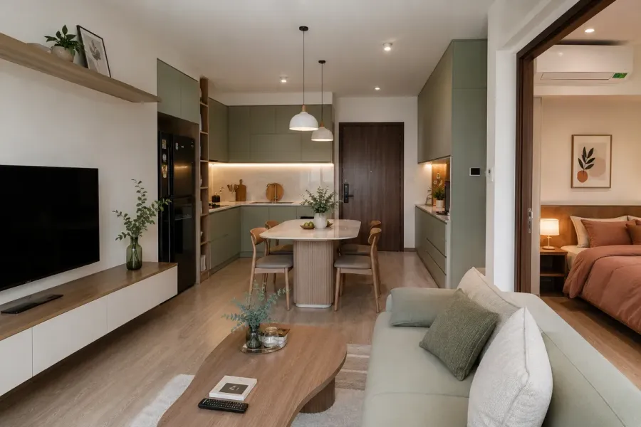 Vật liệu nội thất được lựa chọn phù hợp với từng hạng mục, phong cách và ngân sách của căn hộ.