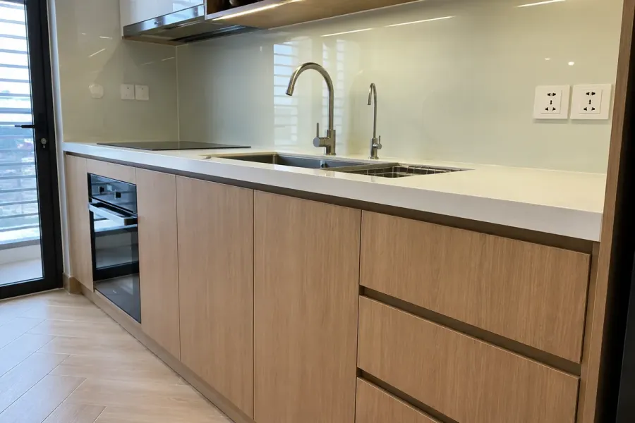 Vị trí điện nước và thiết bị cần được tính toán trước để hệ tủ lắp đặt chính xác tại công trình.