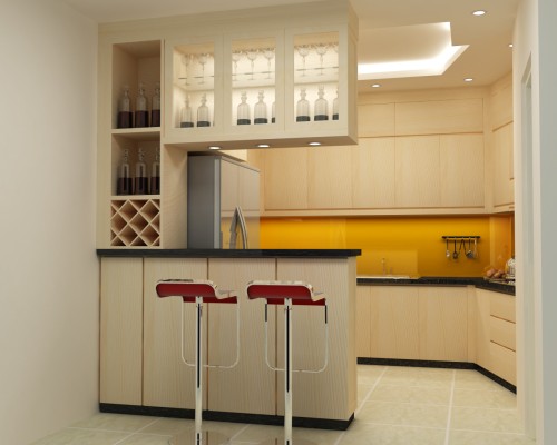 Tủ Bếp Gỗ Chữ U Có Quầy Bar