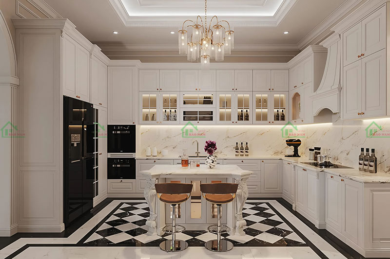 Thiết kế nhà bếp tân cổ điển, thể hiện sự tinh tế và đẳng cấp với chi tiết hoa văn cầu kỳ.