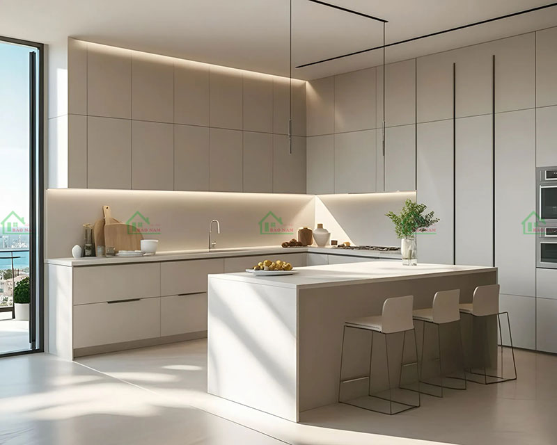 Không gian bếp mở, rộng rãi, mang đậm phong cách Scandinavian với gam màu nhẹ nhàng và tinh tế.