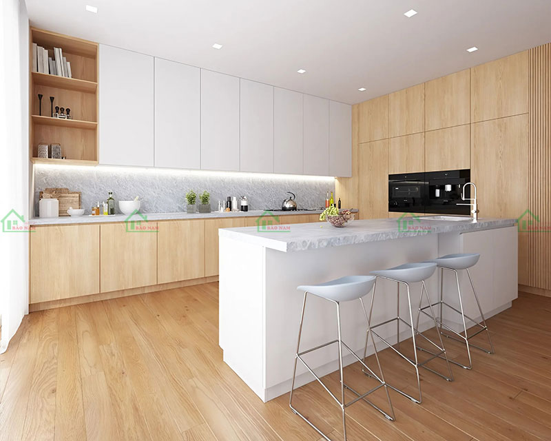 Tủ bếp Scandinavian hiện đại với thiết kế tinh tế, kết hợp hài hòa giữa gỗ tự nhiên và màu trắng.