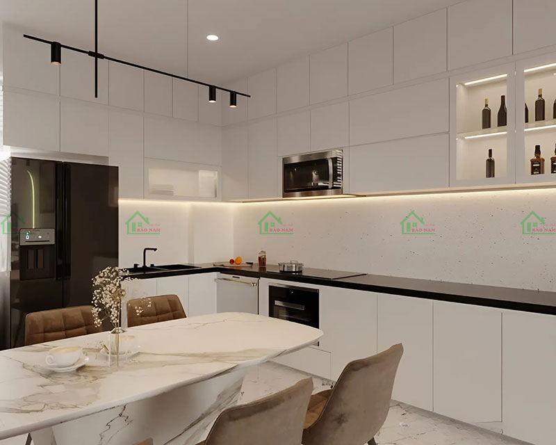 Tủ bếp minimalist hiện đại với thiết kế tối giản, gam màu trắng và đen