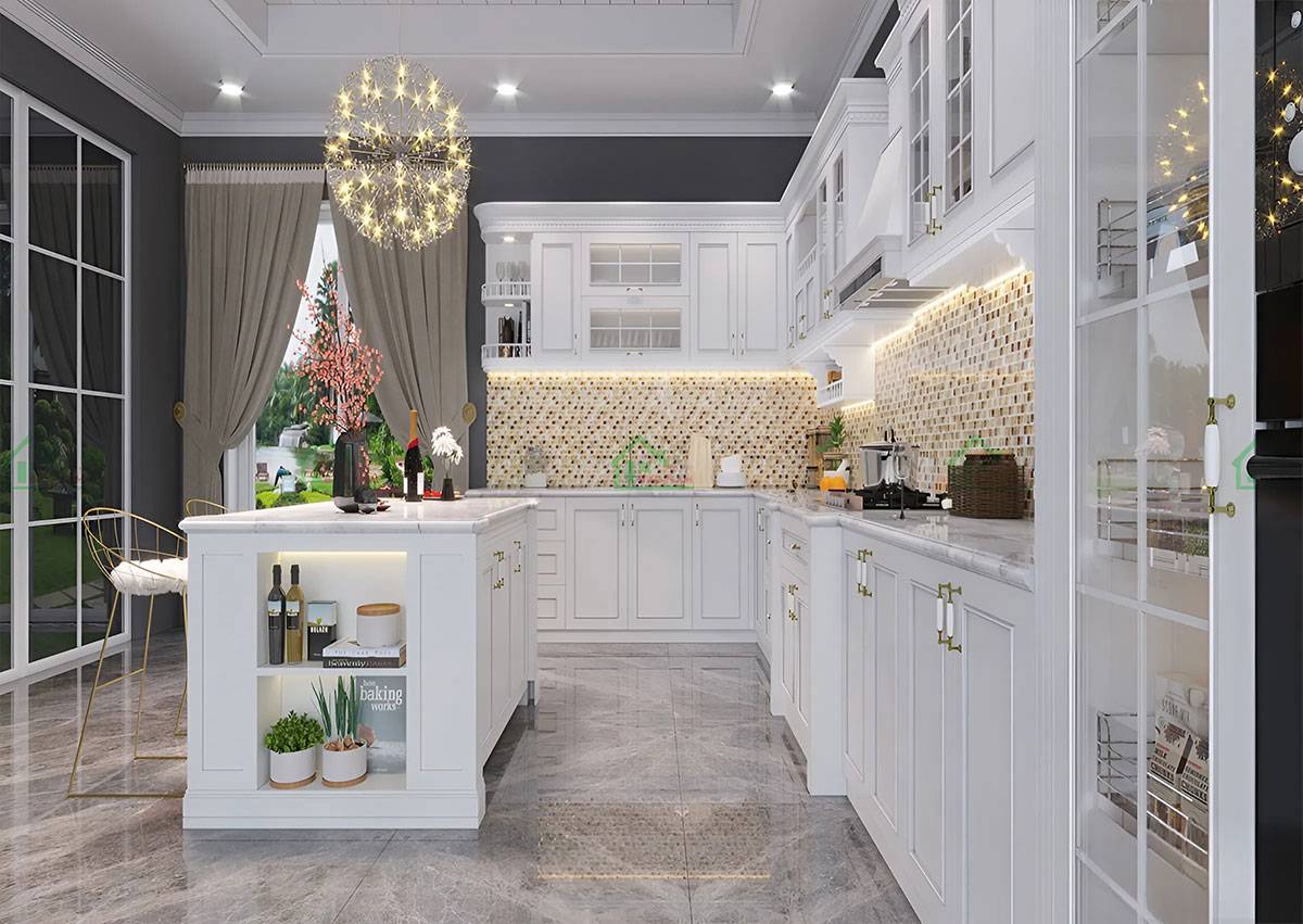 Tủ bếp cổ điển phong cách châu Âu, thiết kế cầu kỳ và tinh tế, thể hiện gu thẩm mỹ đẳng cấp.
