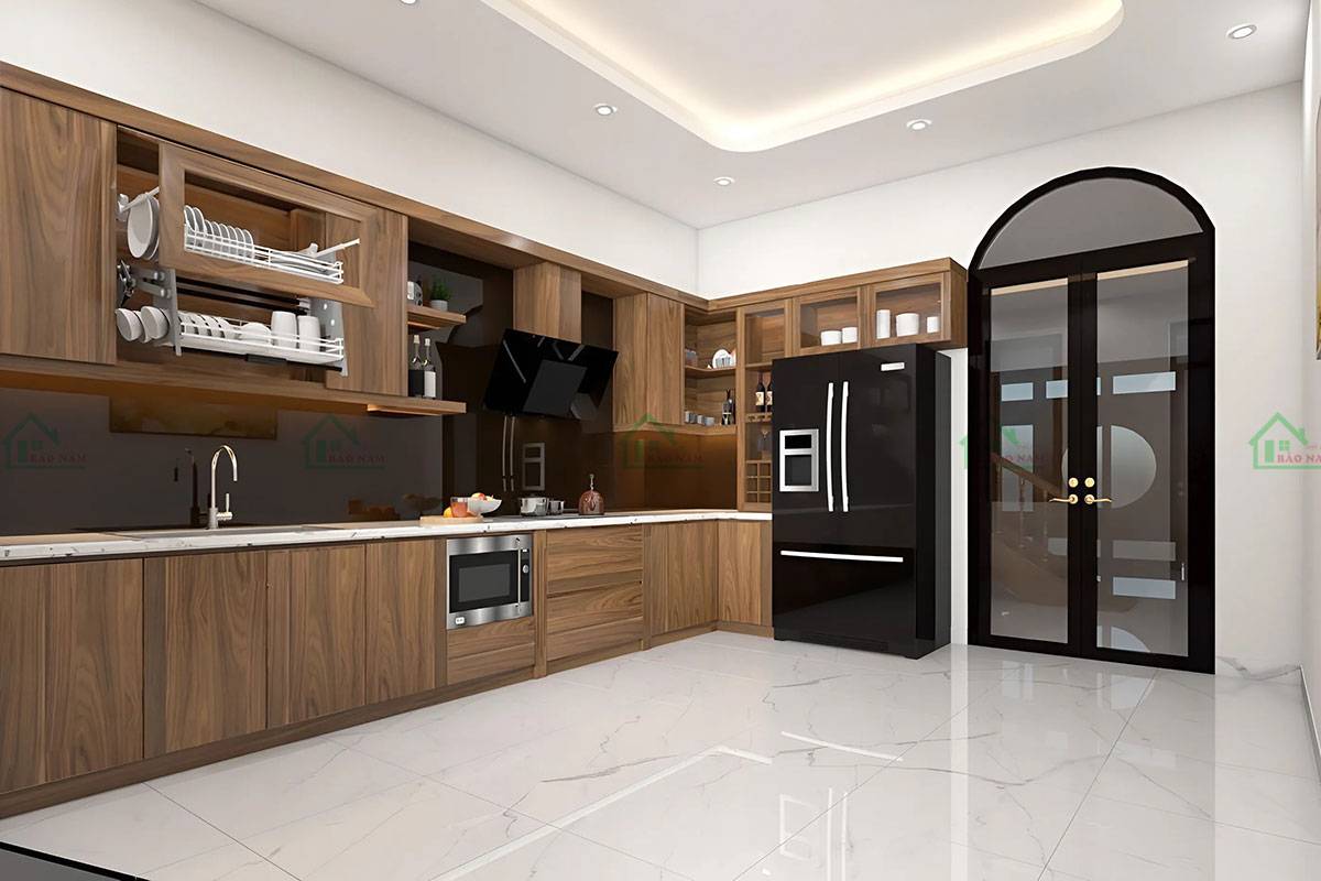 Tủ bếp gỗ tự nhiên, thiết kế hiện đại, bền đẹp và sang trọng, mang đến không gian bếp đẳng cấp.