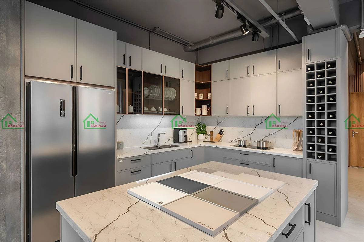 Tủ bếp Laminate đa dạng màu sắc và vân gỗ, đáp ứng mọi sở thích và phong cách thiết kế nội thất.