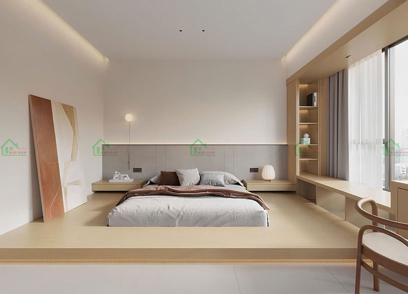 Giường bục thấp phong cách Nhật, không gian tối giản.